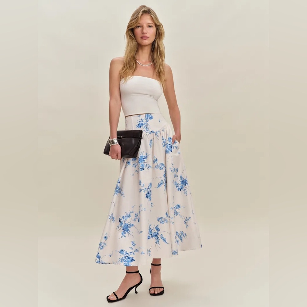 Reformation Polina Blue Floral Midi Skirt